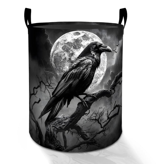 Raven Moon Laundry Basket Hamper for Boys Girls Kids Adults, Foldable Waterproof Oxford Clothes Storage Bin, Gothic Spooky Organizer for Bedroom Bathroom Room Decor 19.7"x15.8"