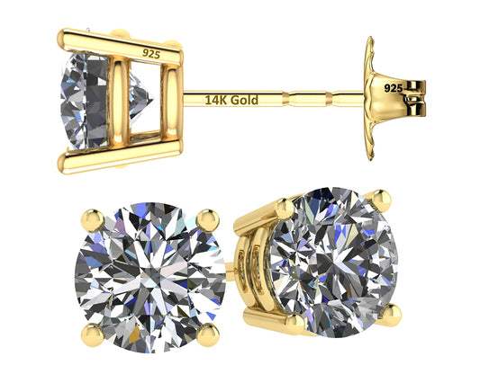 Central Diamond Center 14K Solid Gold Post & Sterling Silver Made with Swarovski 4 Prong CZ Stud Earrings - Yellow Gold Plated - 5.25mm - 1.00cttw