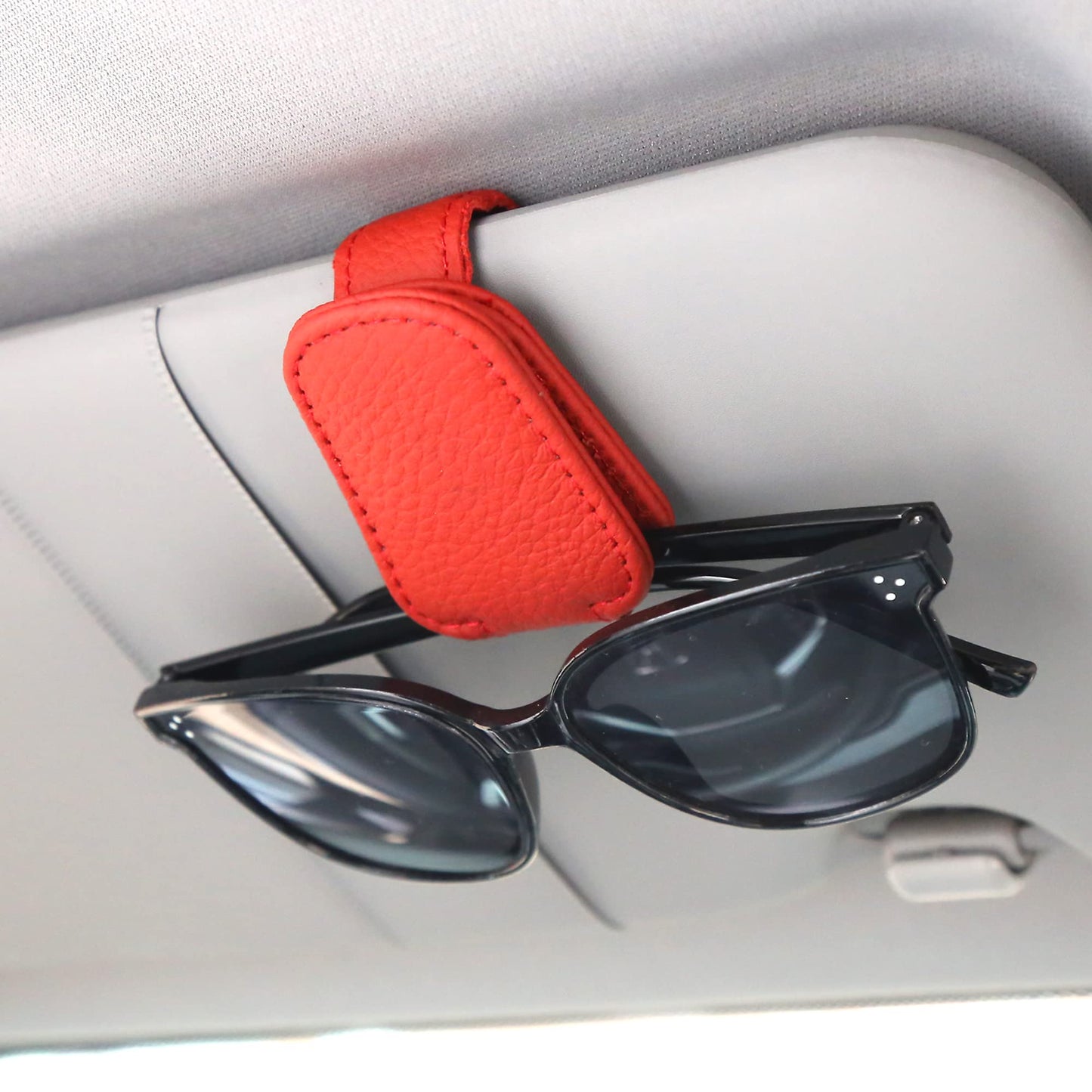 KIWEN Sunglasses Holders for Car Visor, Magnetic Leather Glasses Eyeglass Clip for Car, Ticket Card Clip Sunglasses Mount, Car Visor Accessories Gadgets (1, Black)