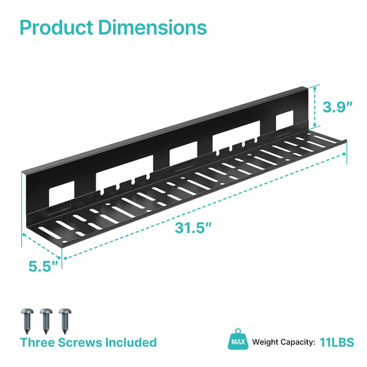 PEGZONE Under Desk Cable Management Tray, 31.5 Inches Metal Cord Organizer Rack, Desk Tray for Power Strip, Cord, Wire, Easy Mounting Cable Management Under Table for Home Office, Black