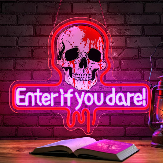 Sneignon Enter If You Dare Neon Sign for Halloween Haunted House Décor,Skull LED Neon Light Wall Sign with Adjustable Brightness,USB Powered Spooky Neon Wall Art for Party Room Bar Bedroom Decoration