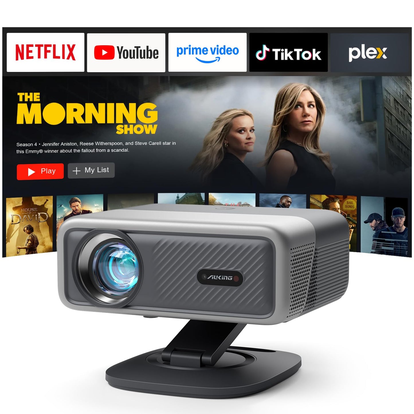 [Officially-Licensed APP & 2500 ANSI] 4K Projector with WiFi and Bluetooth,TOF Real-Time Auto Focus Smart Projector, AuKing Outdoor Movie Home Theater Proyector with Omni-Adjustable Stand(Grey)