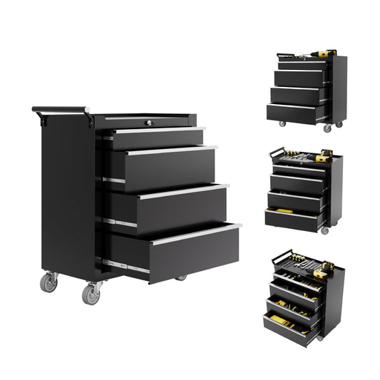 PeakPursuit 4-Drawer Rolling Tool Chest with Lock System, Portable Tool Box with Wheels, Secure Storage Cabinet for Warehouse, Workshop, and Repair Shop, Black