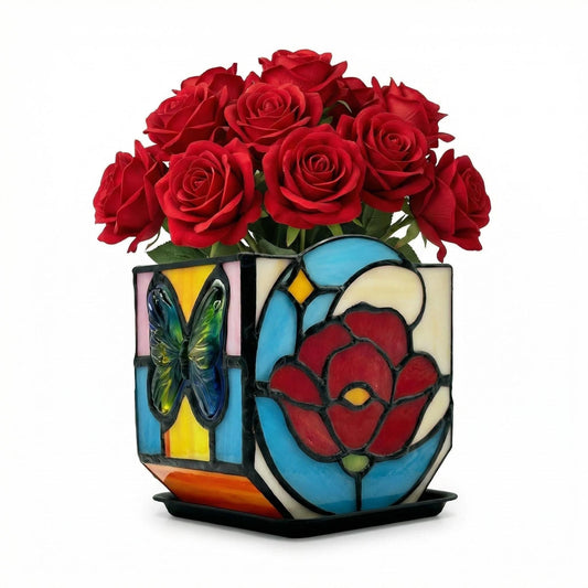 Entlityful Stained Glass Moonflower Planter, Handcrafted Tiffany Style Decorative Flower Pot, Blue & Red Floral Design, Vintage Artistic Tabletop Plant Pot for Indoor Plants & Succulents