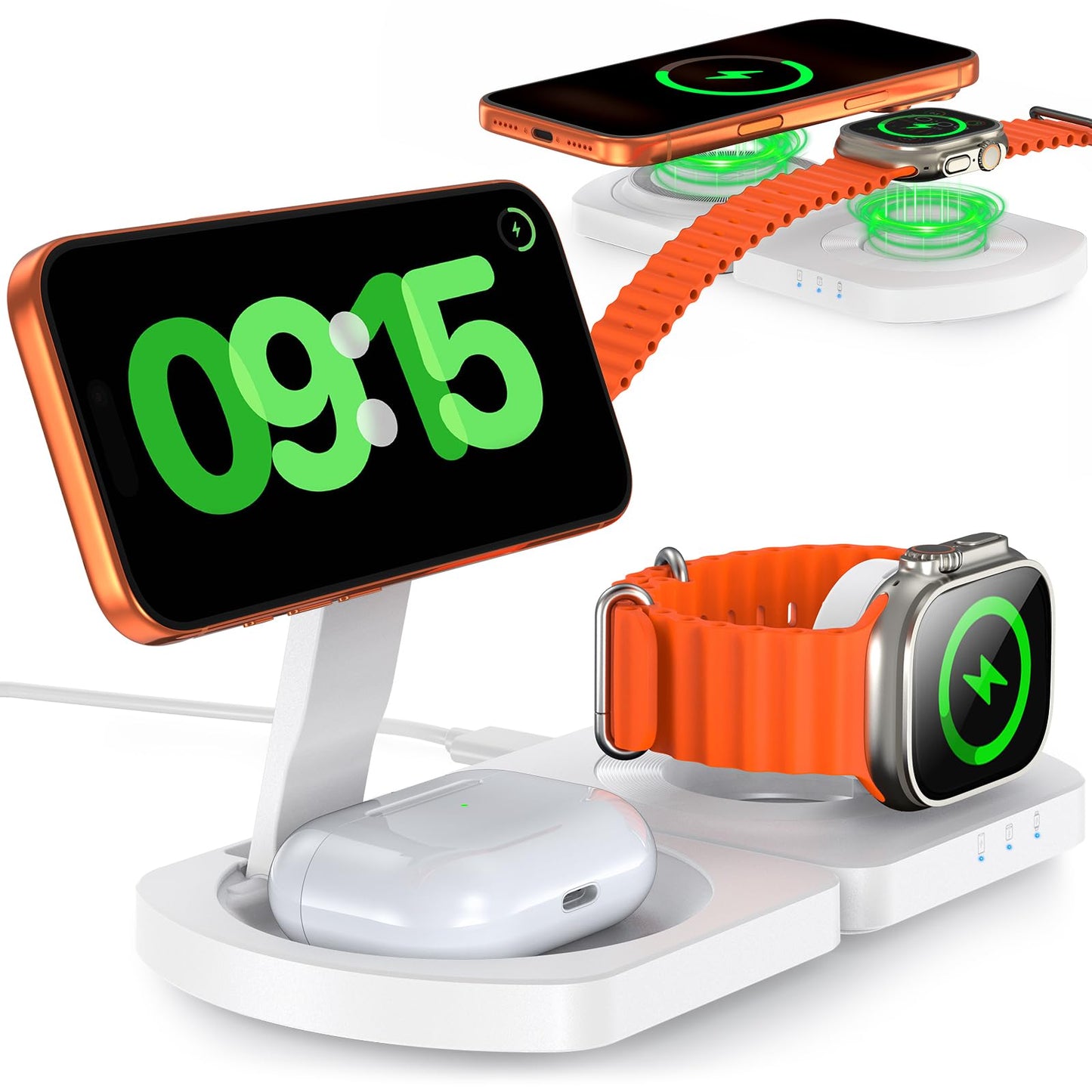 EGV Wireless Charger for iPhone, 3-in-1 Magnetic Charging Station for Apple, MagSafe Charger Stand for iPhone 17 Air 16 15 14 13 12 Series, Airpods Pro, Apple Watch Ultra, Foldable, No Adapter, White