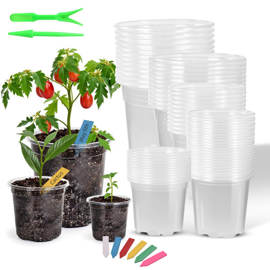 60 Pack Clear Nursery Pots with Drainage Holes, 3.5/4/5/6/7 Inch Clear Plastic Pots for Plants, Reinforced Transparent Nursery Pot with 60 Colorful Plant Labels 2 Garden Tools