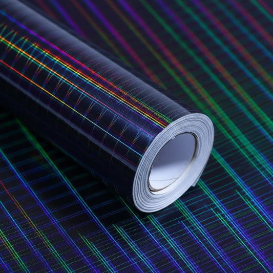komforbaa Black Gift Wrapping Paper, Metallic Iridescent Holographic Gift Wrap with Rainbow Grid Design, for Birthday, Graduation, Holiday, Party, Wedding, Father's Day, 17InX 33 Ft (43cm×10m)