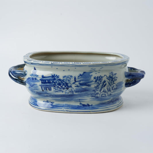 XIGGJYL JINDEZHEN Vintage Blue and White Flower & Birds Porcelain Footbath Planter Chinoiserie Scenery Motif Ceramic Flower Pot (Blue2)