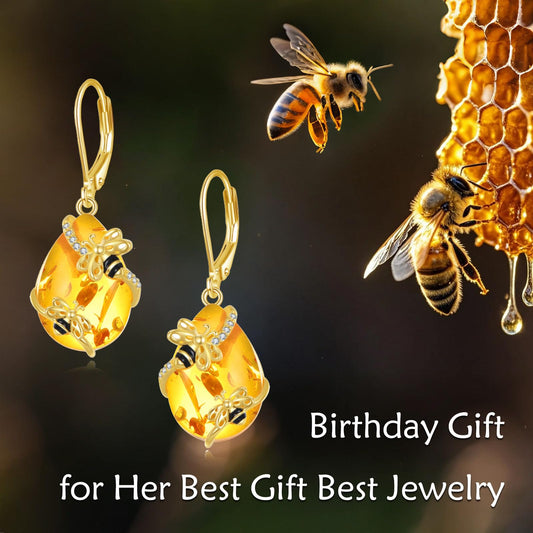 TIGER RIDER Bee Earring 925 Sterling Silver Amber French Clasp Leverback Earrings Jewelry Gift for Women
