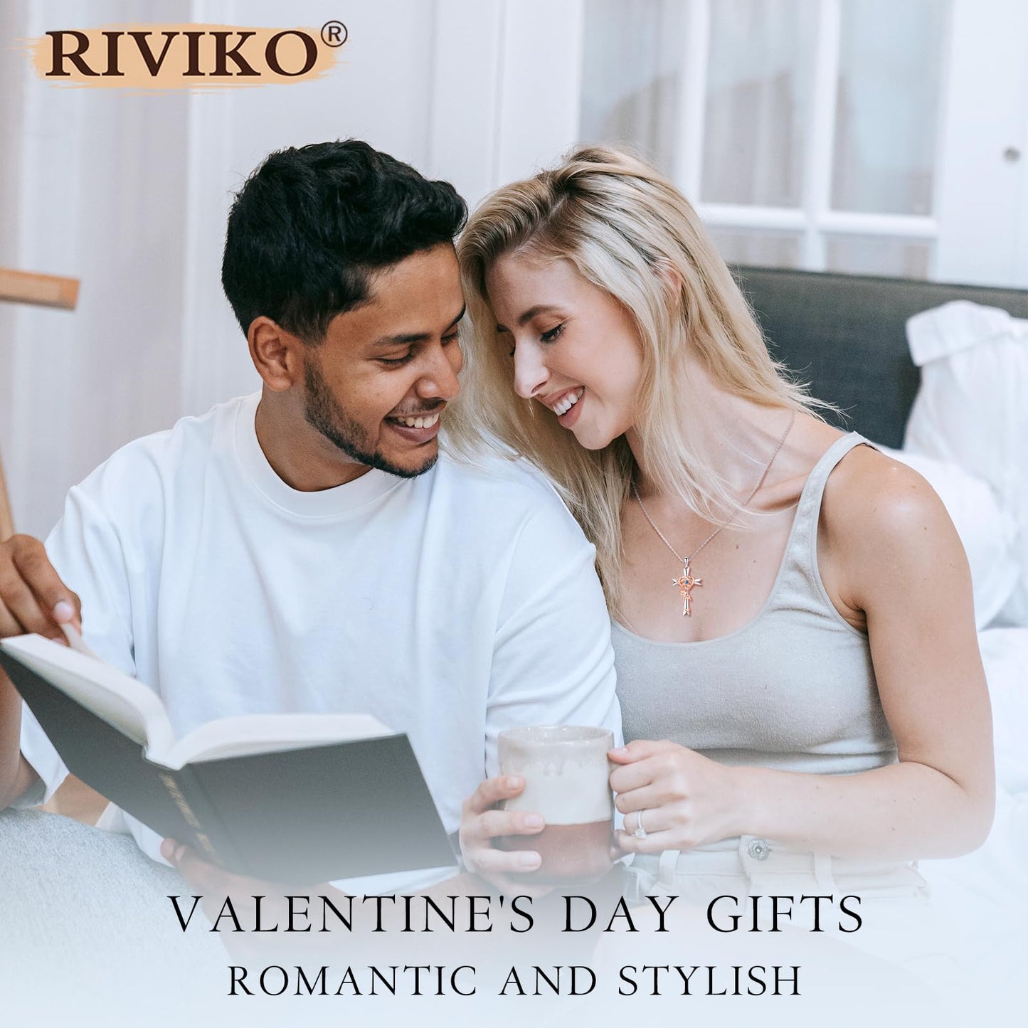 RIVIKO Mothers Day Gifts for Mom-925 Sterling Silver Cross March Birthstone Necklace for Women Anniversary Jewelry Gift