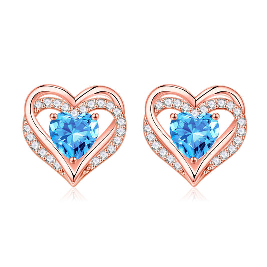 Iefil Earrings for Women, 925 Sterling Silver March Birthstone Blue Aquamarine Earrings Rose-Gold-Plated Heart Stud Earrings
