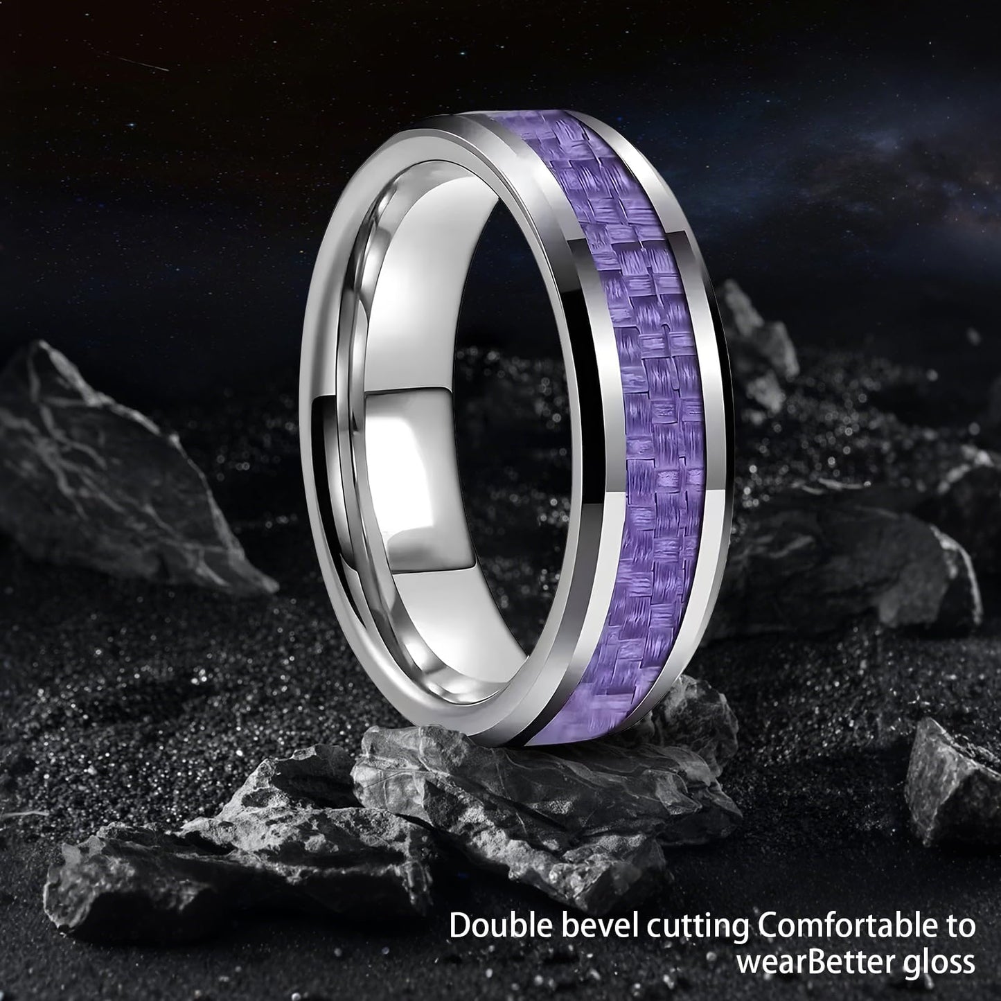 HJIMMNHONG New Carbon Fiber Fashion Rings Double Beveled Edge Delicate Polished Simple Stainless Steel Mens and Women Rings,8mm,Purple,Size 8