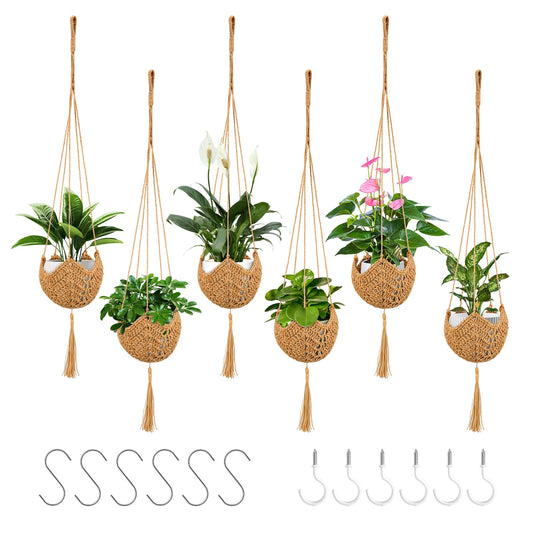 VZZNN 6 Pack Hand-Woven Macrame Plant Hanger - Hanging Plant Holder with 12 Hooks for Indoor Green Plant Hanging and Bohemian Style Home Decor (Brown)