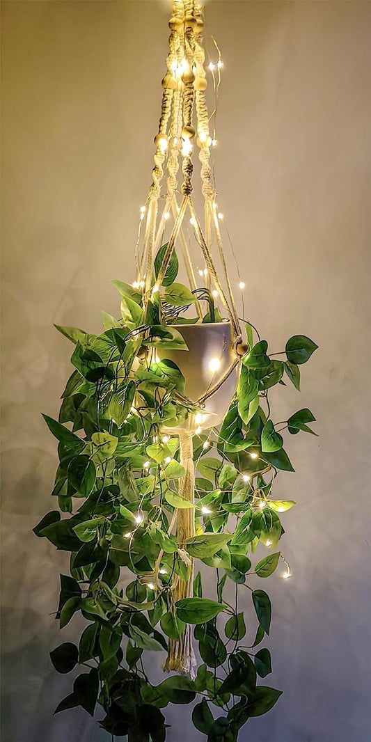 2 Pack Macrame Plant Hanger with Lights Indoor Hanging Planter Basket with Wood Beads Flower Pot Holder Handwoven Cotton Rope Tassels for Boho Home Window Decor 43.5 Inch, Ivory (POTS NOT Included)