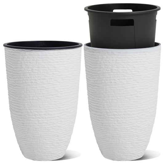Worth Garden 2-Pack 21" H. White Tall Planters with Inside Pots - 14'' Dia Plastic Large Round Plant Tree Pots - Decorative Imitation Stone Finish for Indoor Outdoor Front Porch Container Patio