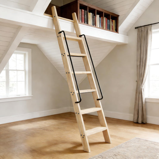 104RDHOUSE 87in Attic Rolling Library Ladder, 7 Step Wooden Ladder with,Loft Ladder Bookshelf,Wall Stairs Red Oak Stair Platform Bunkbed Ladder,for Home Kitchen,Warehouses,Bookstore,DIY Stain