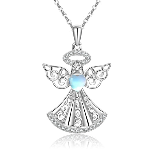 YAFEINI Guardian Angel Necklace 925 Sterling Silver Moonstone Angel Pendant Mother's Day Jewelry for Women Mom