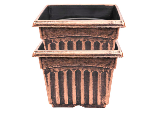 9" Square Planter Rustic Victorian Look 2 Pack Flowerpot for Nursery Indoor Outdoor Garden Patio Office Ornaments Home Decor Long Lasting Reusable Light Weight Water Resistant (Medium, Copper)