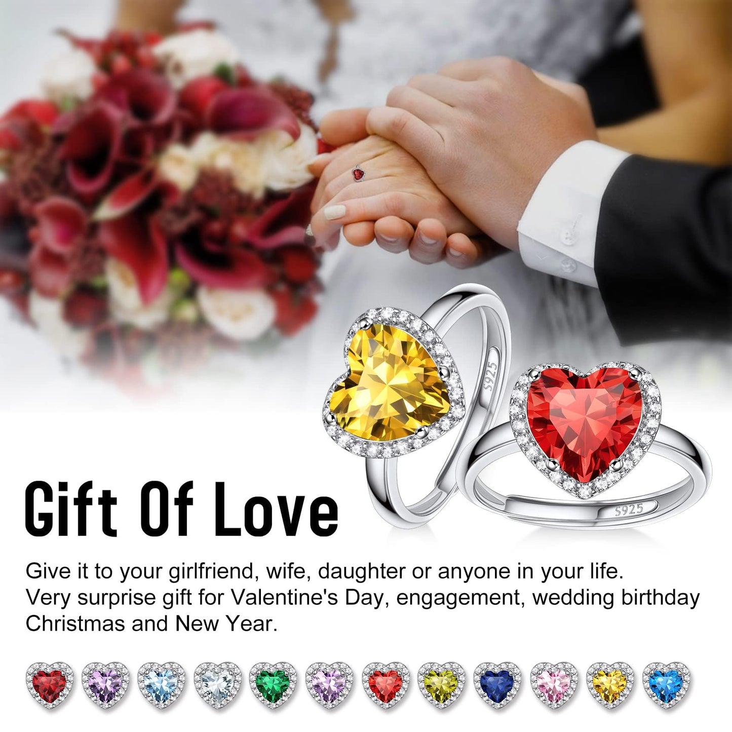 Bestyle 925 Sterling Silver Created Diamond Rings Heart Crytsal Rings for Women, 8mm January Granet Birthstone Gemstone Rings Illuminated by 1mm White Cubic Zirconia
