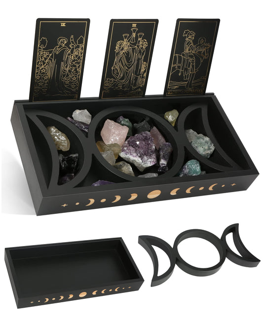 Mooncraftlogy Crystal Tray for Stones, Triple Moon Gemstone Holder Box, 3 Tarot Card Stand for Affirmation Cards, Wicca Display, Detachable Rocks, Essential Oil Organizer, Witch Altar Gift (Black)