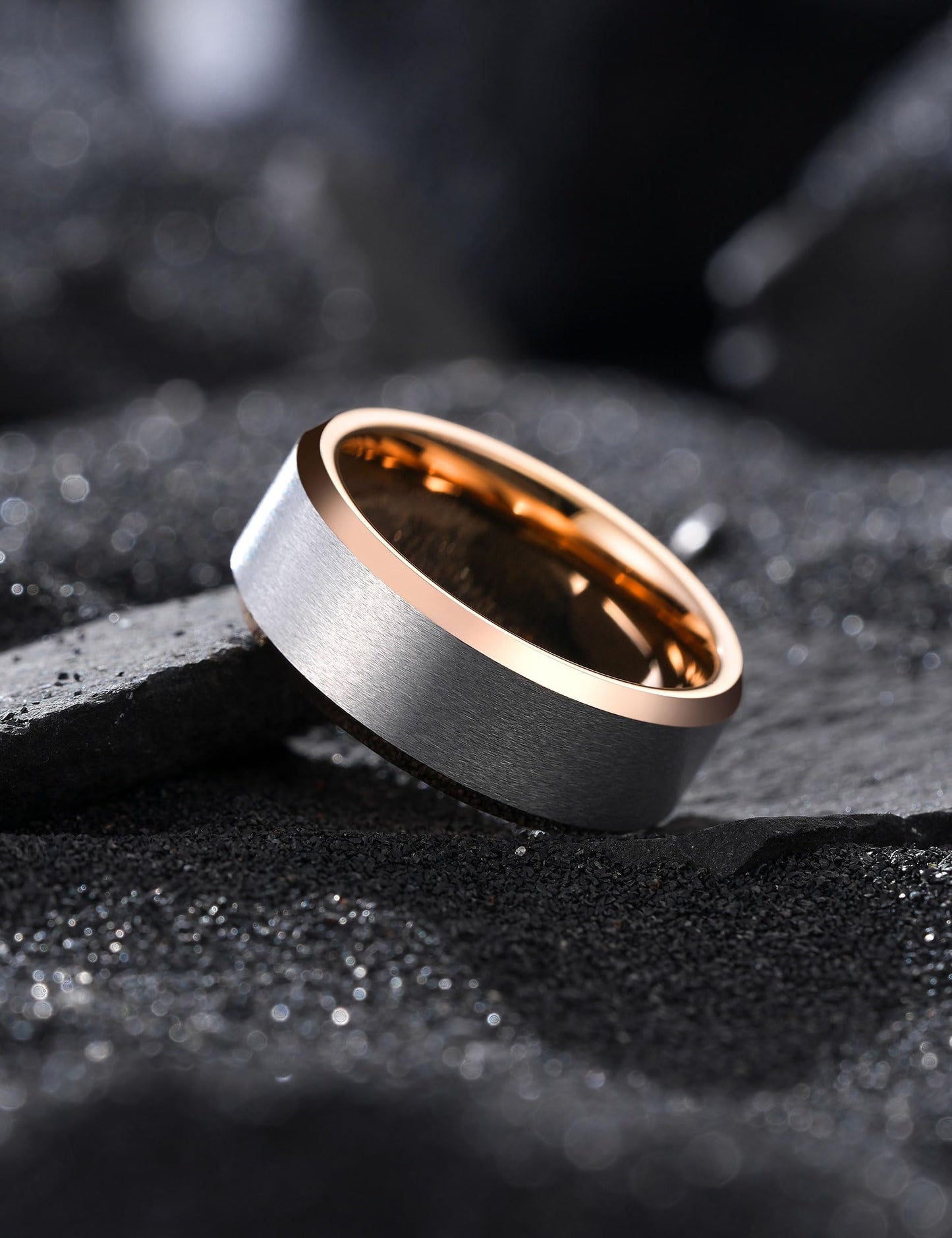 King Will 8mm Classic Tungsten Rings for Men Two-Tone Mens Wedding Bands Simple Engagement Promise Ring Matte Brushed Beveled Edges Comfit Fit Durable, Silver & Rose Gold Plated Size 11