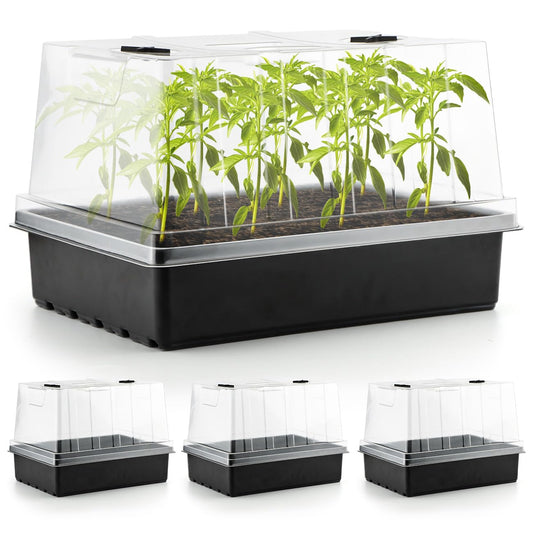RooTrimmer 4-Pack Seed Starter Trays with 5'' Tall Humidity Domes – Reusable Plant Germination Kit for Microgreens, Herbs & Indoor Gardening | Clear Vented Lids, Fast Seedling Growth & Durable Design