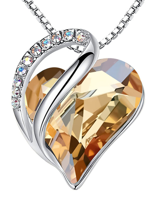 Leafael Gift Necklaces for Women, Infinity Love Heart Pendant with Golden Yellow Shade Healing Stone for Power, Birthday Jewelry for Her, Mom, and Wife, Silver Plated, 18" + 2" Chain