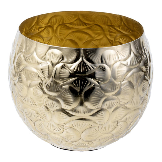 MyGift 5.5 inch Vintage Style Brass Tone Metal Embossed Ginkgo Leaf Design Planter Pot Bowl for Indoor Plants - Handcrafted in India