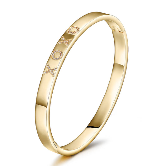 WISTIC Gold Plated Bangle Bracelet for Women, Silver Engraved Letter Cuff Bracelet with CZ, Fits 6.0–7.0 Inch Wrist, 2.4in Inner Dia., Rose Gold Stainless Steel Hinged Bangle Jewelry, XOXO, Gold