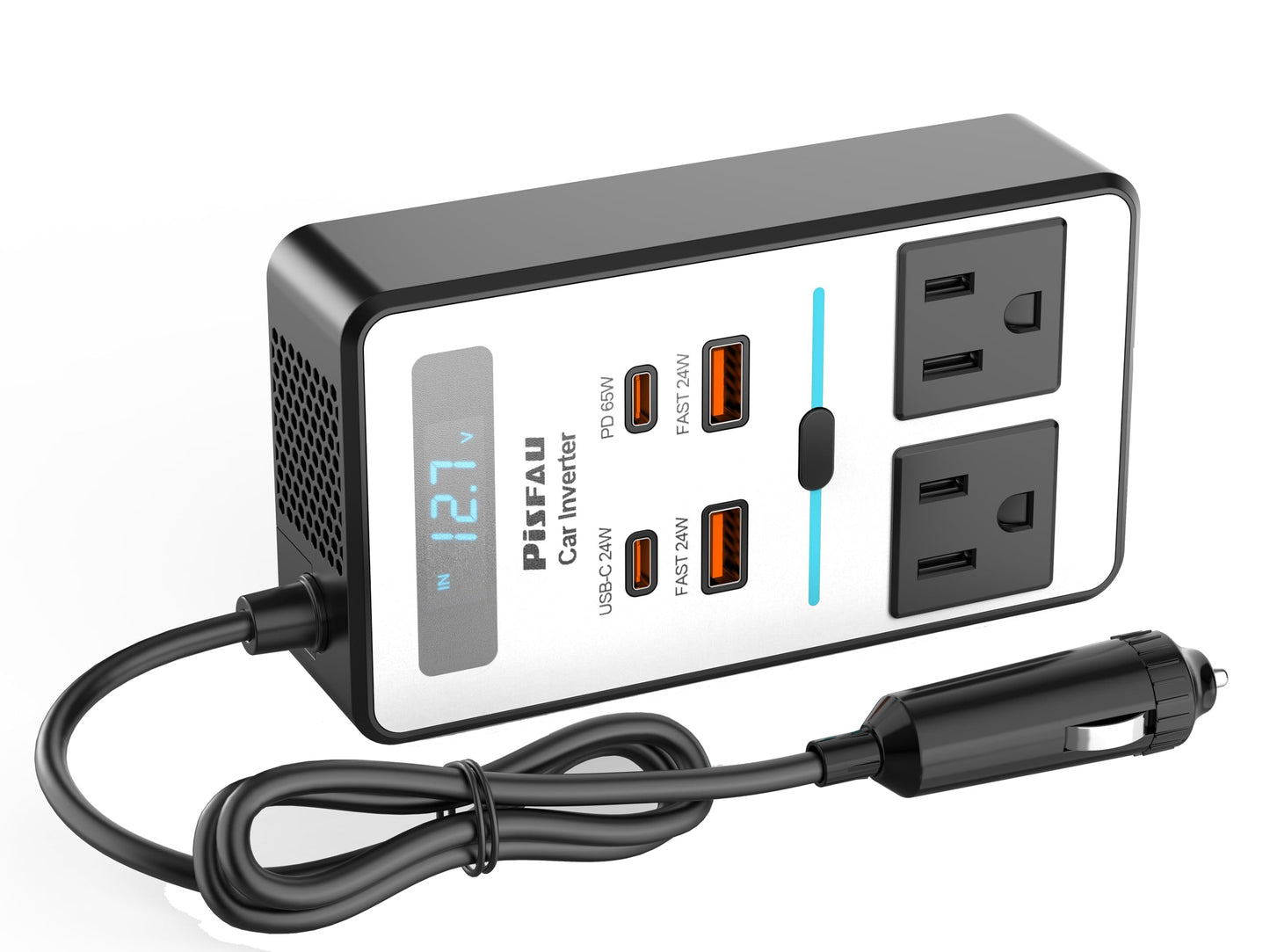 200W Car Power Inverter, PiSFAU DC 12V to 110V AC Car Plug Adapter Outlet with [20W USB-C] /USB-Fast Charger(18W) / 4.8A Dual USB/car Charger for Laptop