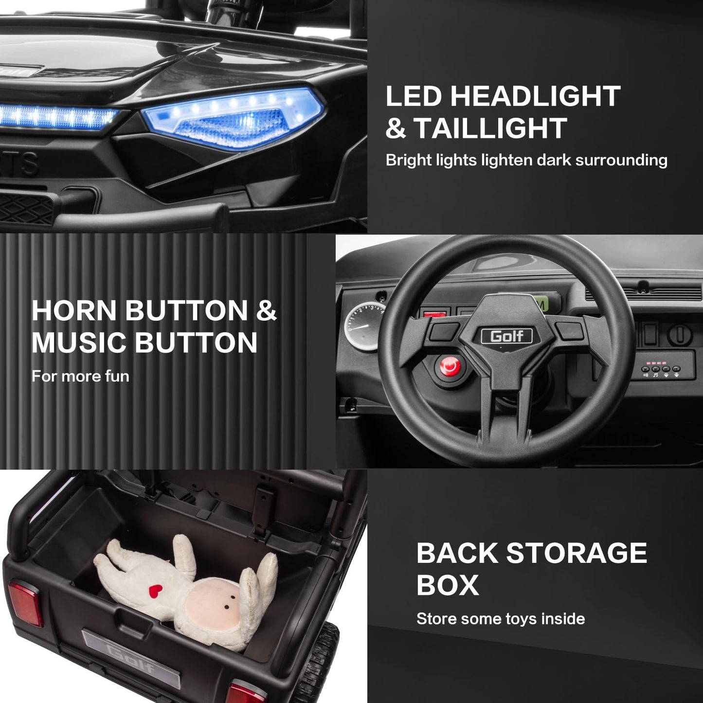 24V 2 Seater Kids Ride on Car, 4WD Golf Cart with Parent Remote Control, 4x4 Motors Ride on Truck with Roof, Toddler Electric Vehicle with Storage Box, Foot Pedal, Music Player, Lights, Horn, Black