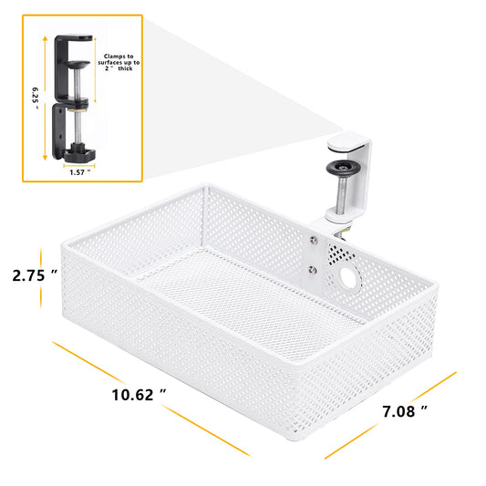 Euyona Mesh Desk Organizer and Clamp-on Swivel Pencil Drawer, Desk Hidden Desk Organizer Extra Sturdy C-Clamp Mount System and Easy to Instal, Home Office Art Supply Storage Box (White)