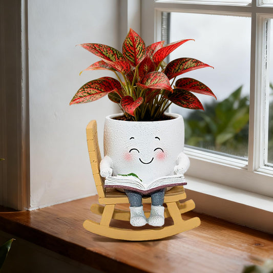 Toparad Smily Face Rocking Chair Reading Book Planter Pots, Cute Resin Flower Head Succulent Planters for Indoor Plants, Gift IdeaI for Mother Christmas Birthday with Drainage Hole