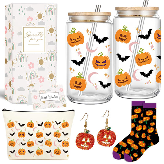 Halloween Gifts for Women 16oz Pumpkin Bat Coffee Glass Cup with Lid & Straw, Boo Basket Stuffers Fall Themed Gifts for Her, Sister, Friend