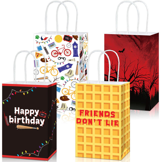 MinFyberd 24Pcs Spooky Rustic Party Supplies Spooky Forest Birthday Paper Bags Retro Alphabet Bulbs Pancake Gift Goodie Bags with Handles for Halloween Horror Party Retro 80s Movie Night Favors 24Pcs