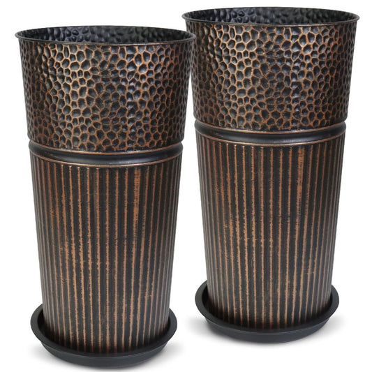 Megawodar 2 Pcs Pack 22 Inches Metal Tall Tapered Planter Pots Large Round Planter Flower Pot with Drainage Holes for Indoor Outdoor Deck Porch Garden Home Patio Front Door (Antique Copper, S)