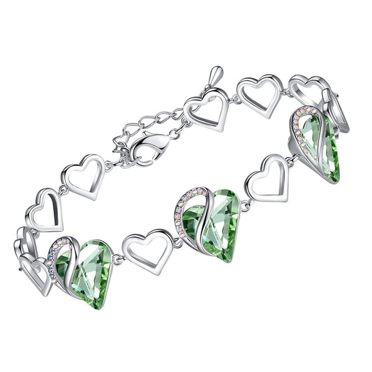 Leafael Infinity Love Heart Gift Bracelet for Women, August Birthstone Crystal, Light Chrysolite Green, Silver Tone, 7-inch Chain and 2-inch Extender