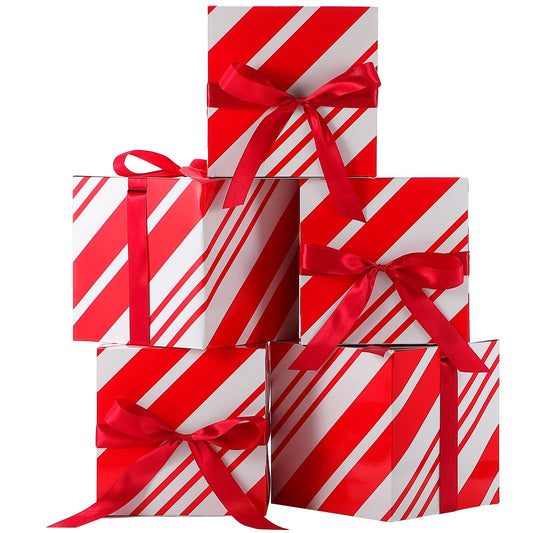 MotiMind 5 Pack Red and White Striped Christmas Gift Boxes with Lids 7x7x7 Square Gift Box with Ribbons for Wrapping Christmas Presents Wedding Bridesmaid Holiday Party Favor Boxes