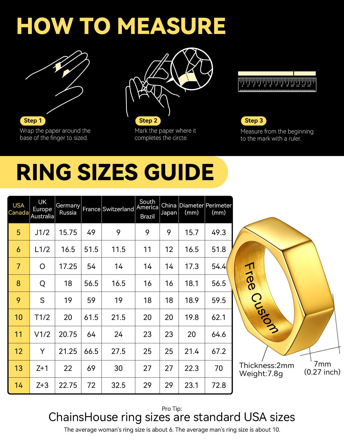 ChainsHouse Personalize Simple Band Rings 18K Gold Plated Geometric Hexagon Biker Ring for Men Women, Size 7