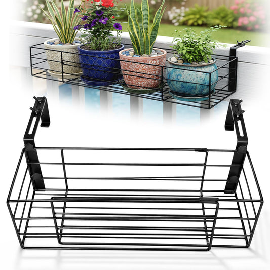 Youyole Railing Hanging Planter Holders, Adjustable Balcony Flower Pot Rack Stand, Expands 14"-27" Iron Hanger Hooks Fit Almost Any Balcony, Fence or Deck Railing up to 6" Wide(Black)