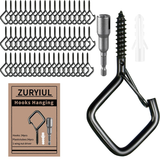 Heavy Duty Screw In Hooks with Safety Buckle, 2.2 IN Black Ceiling Hooks for Hanging Plants & Outdoor String Lights, Windproof Eye Hooks for Christmas Lights, Cups, Bird Feeders (Black, 34Pcs)