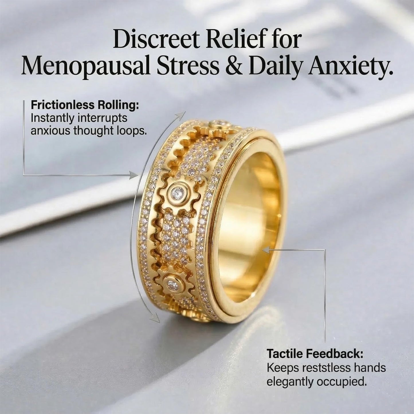 Xarewx Mindfulness Rings for Women, Fidget Ring, Adjustable Anti-Anxiety Fidget Rings, Menopause and Stress Ring, Calm & Everyday Wear (Gold, 6)