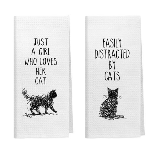 Kemingni Funny Black Cat Kitchen Towels Set of 2, Cat Mom Lady Gifts for Women, Pet Lover Gifts, Easily Distracted by Cats Decorative Hand Dish Tea Towels for Bathroom Kitchen, 16x24 Inch