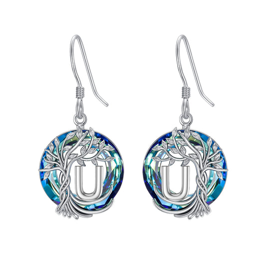 TOUPOP Tree of Life Initial Earrings Sterling Silver Initial U Letter Drop Dangle Earrings Blue Circle Crystal Family Tree Jewelry Birthday Mothers Day Gifts for Women Mom Her