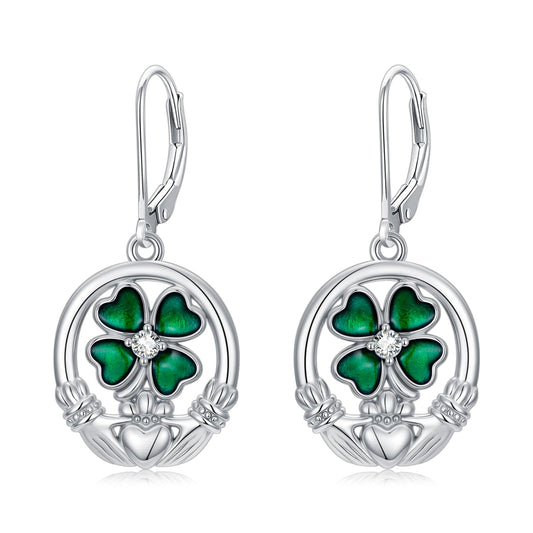 YYmqmq Four Leaf Clover Earrings for Women 925 Sterling Sliver Shamrock and Claddagh Dangle Earrings Leverback Irish Jewelry St Patricks Day Gifts for Women Girlfriend
