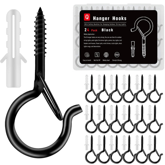 KULOLO 24 Pack Black Screw Hooks with Safety Buckle - 2.3 Inch Rustproof Eye Ceiling Hooks for Hanging Plants,Outdoor String Lights,Baskets,Christmas Lights & Decor,40lb Capacity (24, Black)