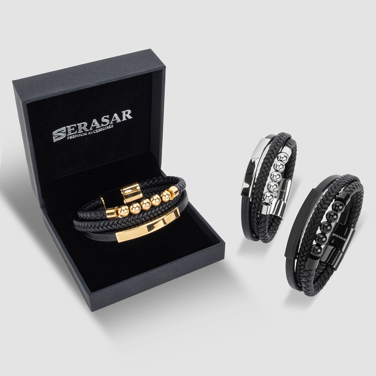 SERASAR Pulsera de cuero plateado para hombre 20cm Idea regalo Caja Piel vacuno trenzada genuino trenzado multicapa ajustable con cierre magnético