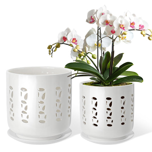 KERUITA Ceramic Orchid Pots with Holes – 5" & 6" Orchid Planter Set with Drainage and Saucers, Breathable Orchid Pots for Healthy Roots