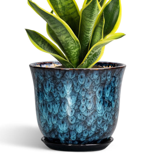 SUNPOTFOR 8 Inch Plant Pot - Ceramic Planter for Indoor Outdoor, Round Planter with Drainage Hole and Saucer, Modern Planters, Flower Pots, Apartment Porch Room Home Decor, Gardening Gifts, Blue