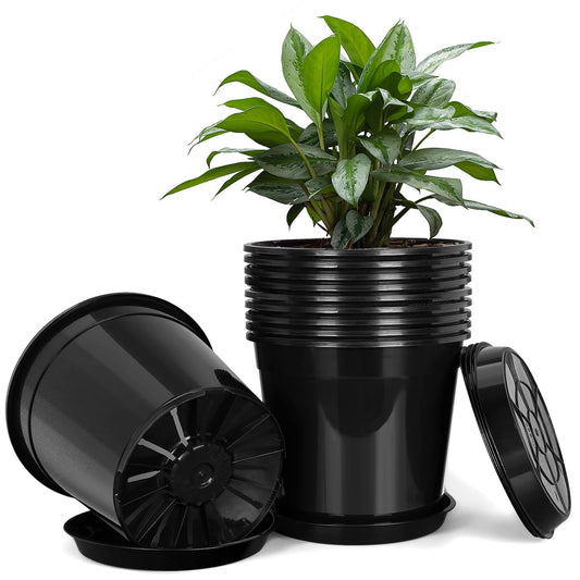 FUIJOL 2 Gallon Plastic Pots with Drip Trays, Sturdy Gallon Plant Pots with Drainage Holes, Large Plastic Planter for Flowers, Ideal for Indoor and Outdoor Use (2Gallon-10PACK)
